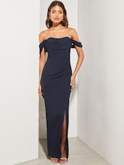 Lipsy Navy Petite Bardot Split Drape Maxi Dress - Image 3 of 4