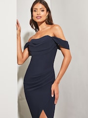 Lipsy Navy Petite Bardot Split Drape Maxi Dress - Image 4 of 4