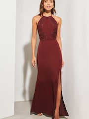 Lipsy Red Artwork Lace Halter Split Maxi Dress - Image 1 of 4