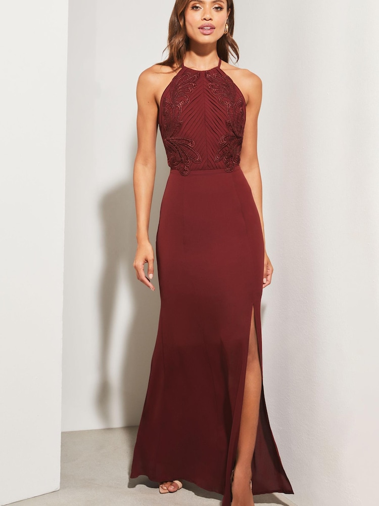 Lipsy Red Artwork Lace Halter Split Maxi Dress - Image 1 of 4