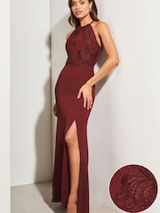 Lipsy Red Artwork Lace Halter Split Maxi Dress - Image 3 of 4