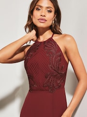 Lipsy Red Artwork Lace Halter Split Maxi Dress - Image 4 of 4