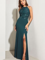 Lipsy Blue Artwork Lace Halter Split Maxi Dress - Image 1 of 4