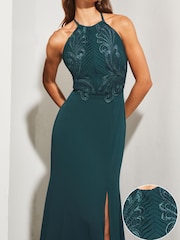 Lipsy Blue Artwork Lace Halter Split Maxi Dress - Image 3 of 4