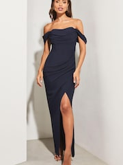Lipsy Navy Bardot Split Drape Maxi Dress - Image 1 of 4
