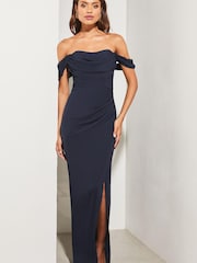 Lipsy Navy Bardot Split Drape Maxi Dress - Image 3 of 4