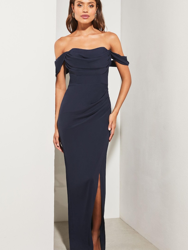 Lipsy Navy Bardot Split Drape Maxi Dress - Image 3 of 4