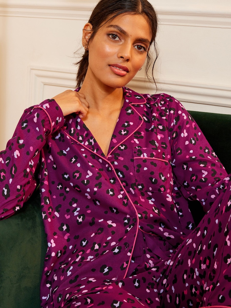 Love & Roses Berry Leopard Super Soft Button Through Pyjamas - Image 2 of 4
