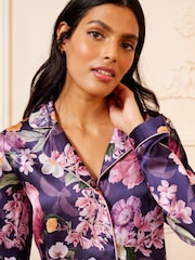 Love & Roses Purple Floral Satin Button Through Pyjamas - Image 2 of 4