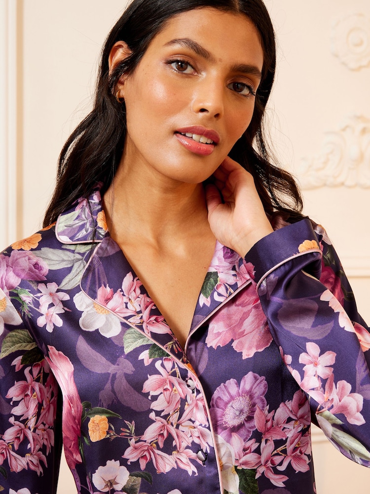Love & Roses Purple Floral Satin Button Through Pyjamas - Image 2 of 4