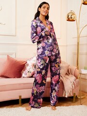 Love & Roses Purple Floral Satin Button Through Pyjamas - Image 4 of 4