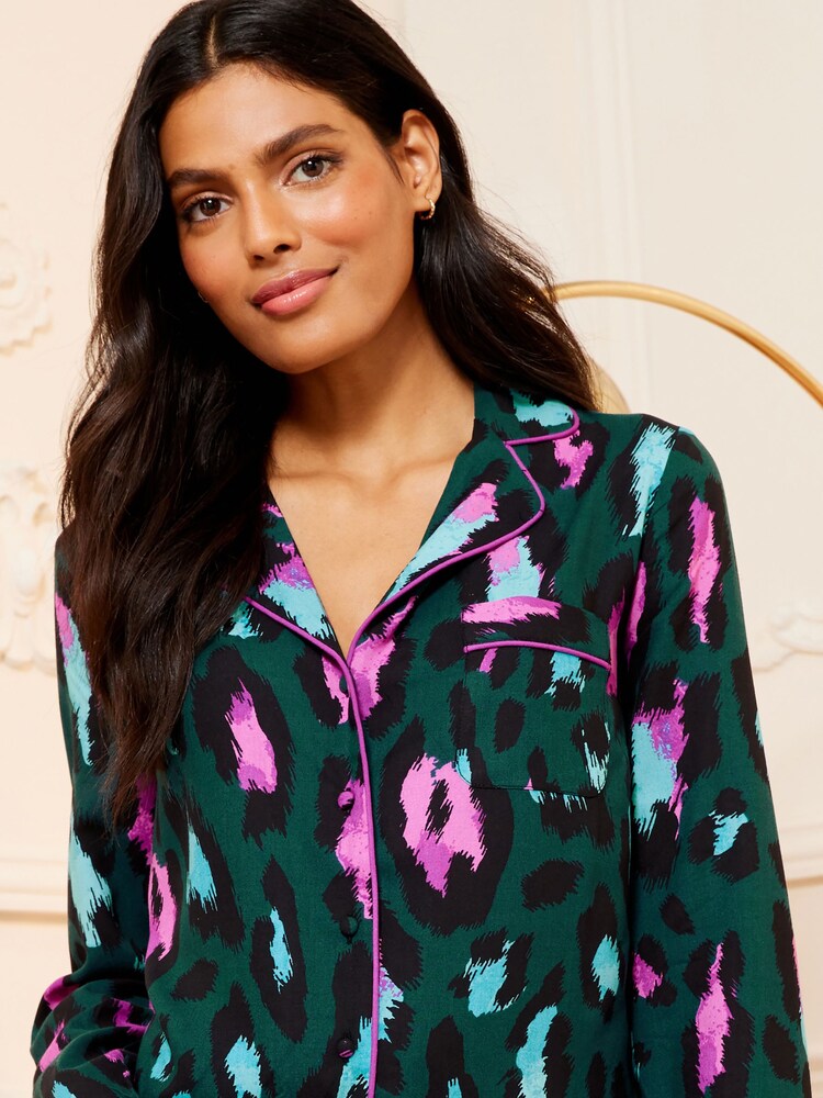 Love & Roses Green Leopard Super Soft Button Through Pyjamas - Image 2 of 4