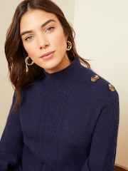 Love & Roses Navy Blue Cable Knit Button Shoulder Belted Knitted Mini Dress - Image 2 of 4