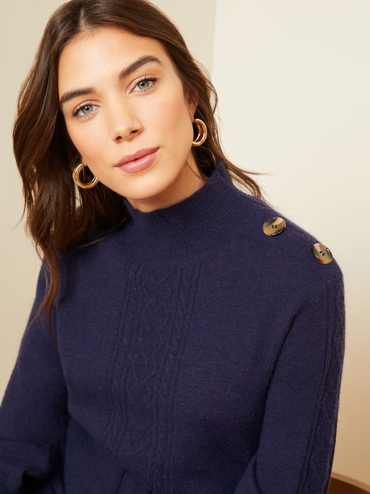 Love & Roses Navy Blue Cable Knit Button Shoulder Belted Knitted Mini Dress - Image 2 of 4