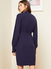 Love & Roses Navy Blue Cable Knit Button Shoulder Belted Knitted Mini Dress - Image 3 of 4