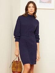 Love & Roses Navy Blue Cable Knit Button Shoulder Belted Knitted Mini Dress - Image 4 of 4