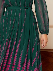 Love & Roses Green and Pink Polka Dot Printed Belted Pleated Long Sleeve Midi Dress - Image 2 of 4