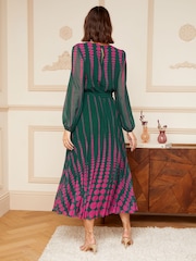 Love & Roses Green and Pink Polka Dot Printed Belted Pleated Long Sleeve Midi Dress - Image 3 of 4