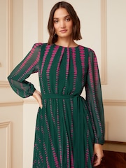 Love & Roses Green and Pink Polka Dot Printed Belted Pleated Long Sleeve Midi Dress - Image 4 of 4