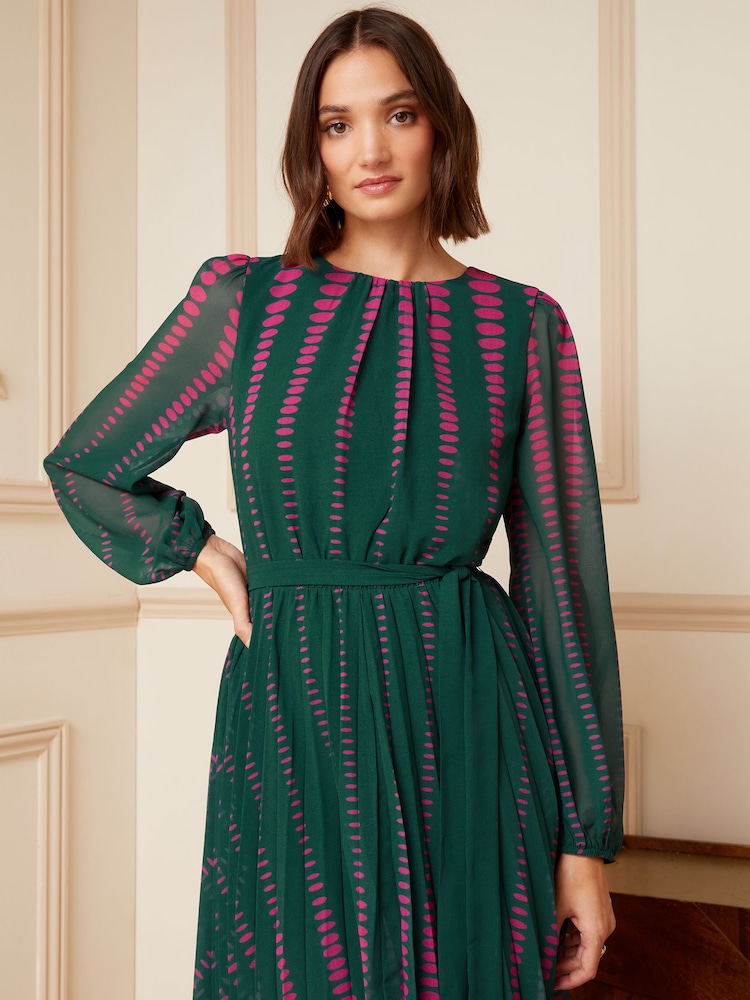 Love & Roses Green and Pink Polka Dot Printed Belted Pleated Long Sleeve Midi Dress - Image 4 of 4
