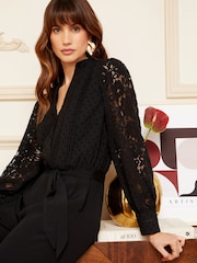 Love & Roses Black Lace Dobby Mix V Neck Jumpsuit - Image 2 of 4