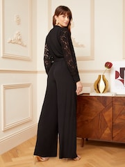 Love & Roses Black Lace Dobby Mix V Neck Jumpsuit - Image 3 of 4