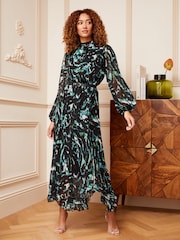 Love & Roses Green Animal Printed Belted Long Sleeve Midi Dress - Image 1 of 4