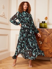 Love & Roses Green Animal Printed Belted Long Sleeve Midi Dress - Image 4 of 4