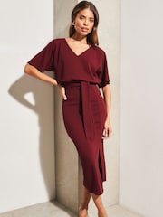 Lipsy Berry Red V Neck Flutter Sleeve Belted Midi Dress - Image 1 of 4