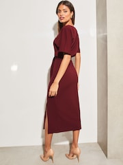 Lipsy Berry Red V Neck Flutter Sleeve Belted Midi Dress - Image 2 of 4