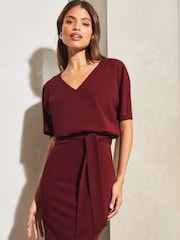 Lipsy Berry Red V Neck Flutter Sleeve Belted Midi Dress - Image 3 of 4
