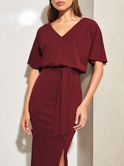 Lipsy Berry Red V Neck Flutter Sleeve Belted Midi Dress - Image 4 of 4