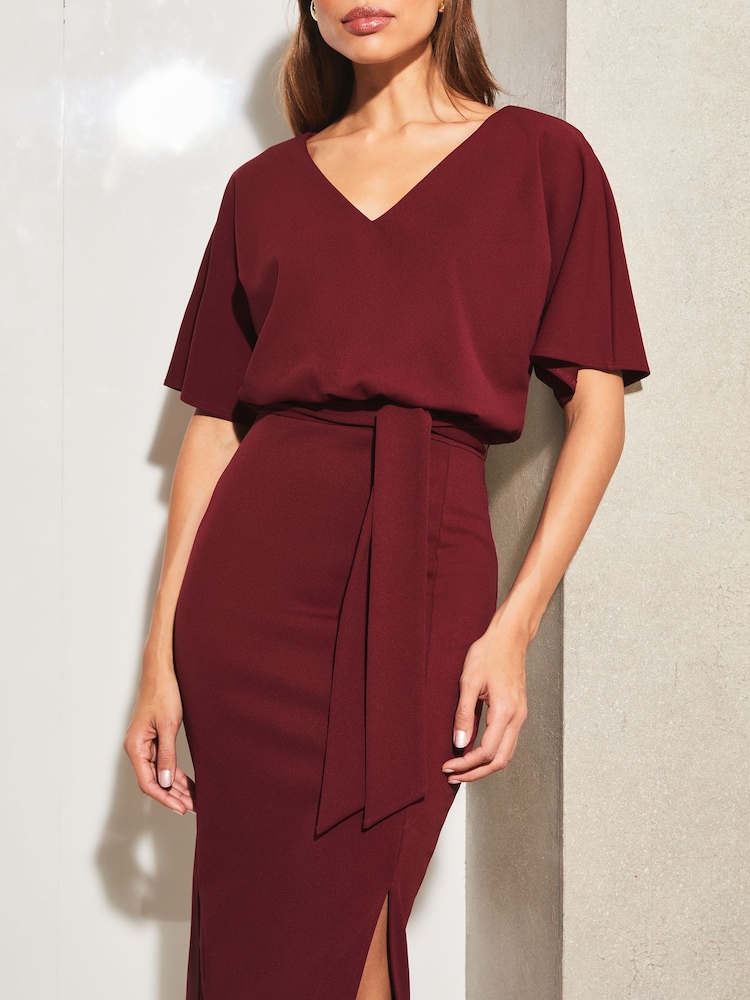Lipsy Berry Red V Neck Flutter Sleeve Belted Midi Dress - Image 4 of 4