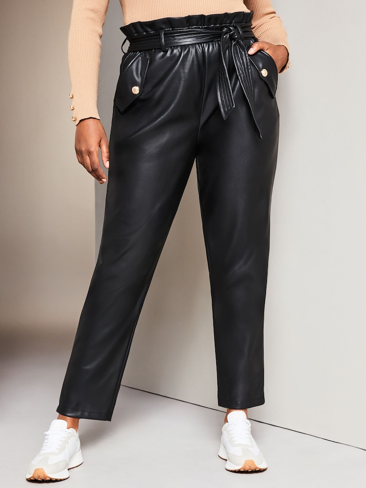 Lipsy Black Curve Faux Leather Military Button Paperbag Trousers - Image 1 of 4