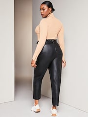 Lipsy Black Curve Faux Leather Military Button Paperbag Trousers - Image 2 of 4