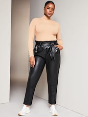 Lipsy Black Curve Faux Leather Military Button Paperbag Trousers - Image 3 of 4