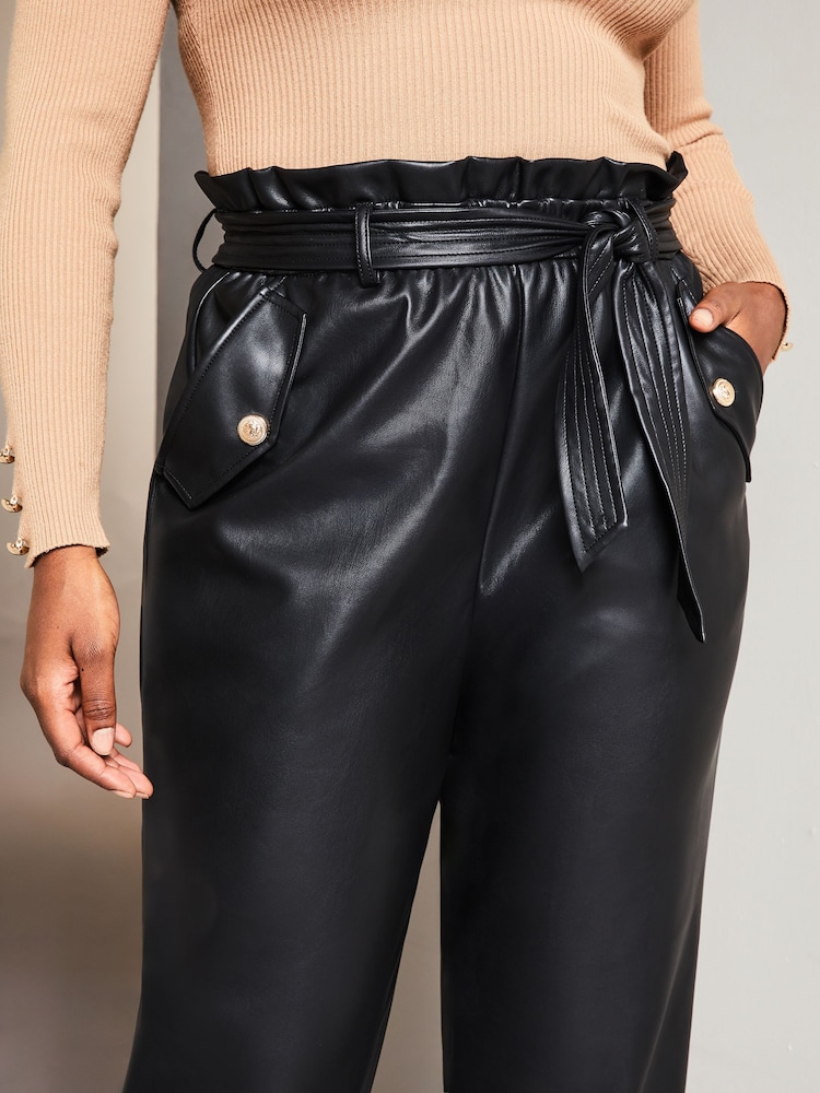 Lipsy Black Curve Faux Leather Military Button Paperbag Trousers - Image 4 of 4 Lipsy Black Curve Faux Leather Military Button Paperbag Trousers - Image 4 of 4