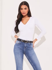 Lipsy White Twist Front V Neck Long Sleeve Jersey Top - Image 3 of 4