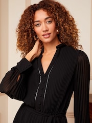 Love & Roses Black PU  Trim Pleated Belted Mini Dress - Image 2 of 4