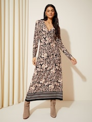 Friends Like These Black Paisley Long Sleeve Jersey Wrap Midi Dress - Image 1 of 4