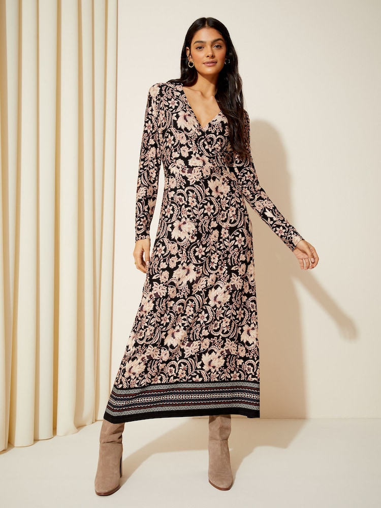 Friends Like These Black Paisley Long Sleeve Jersey Wrap Midi Dress - Image 1 of 4