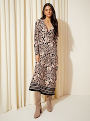 Friends Like These Black Paisley Long Sleeve Jersey Wrap Midi Dress - Image 3 of 4