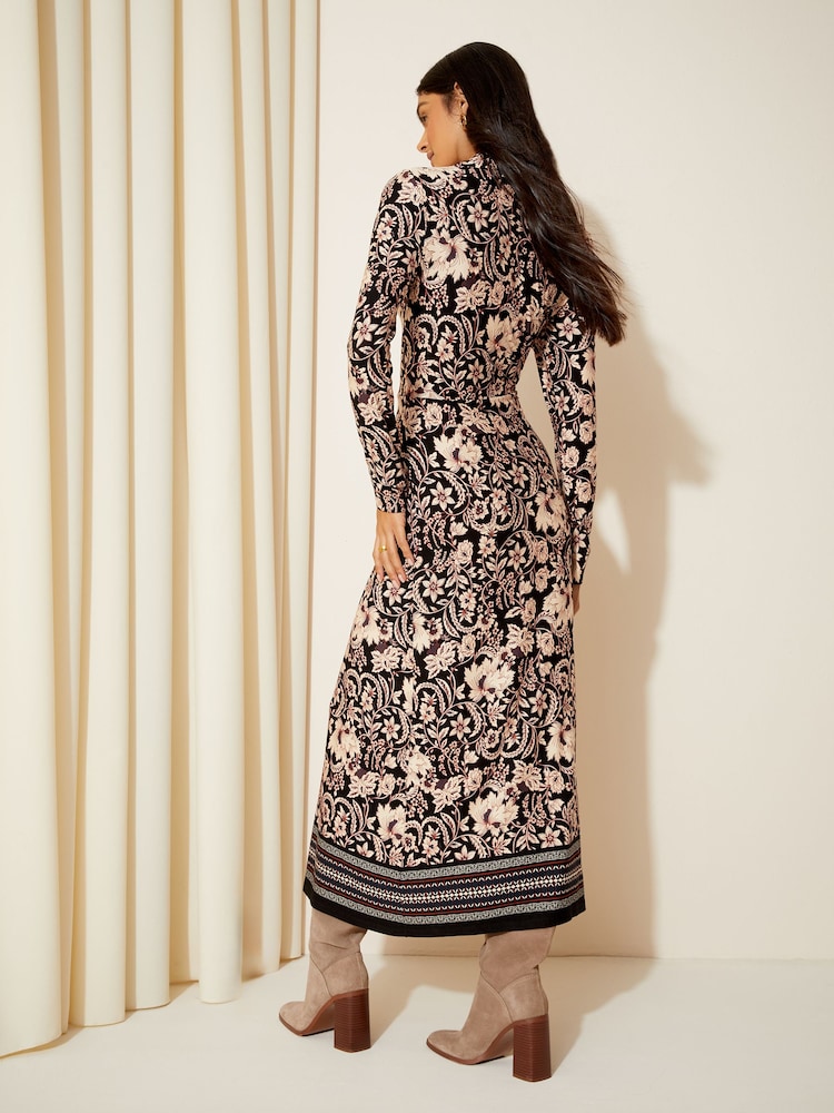 Friends Like These Black Paisley Long Sleeve Jersey Wrap Midi Dress - Image 4 of 4