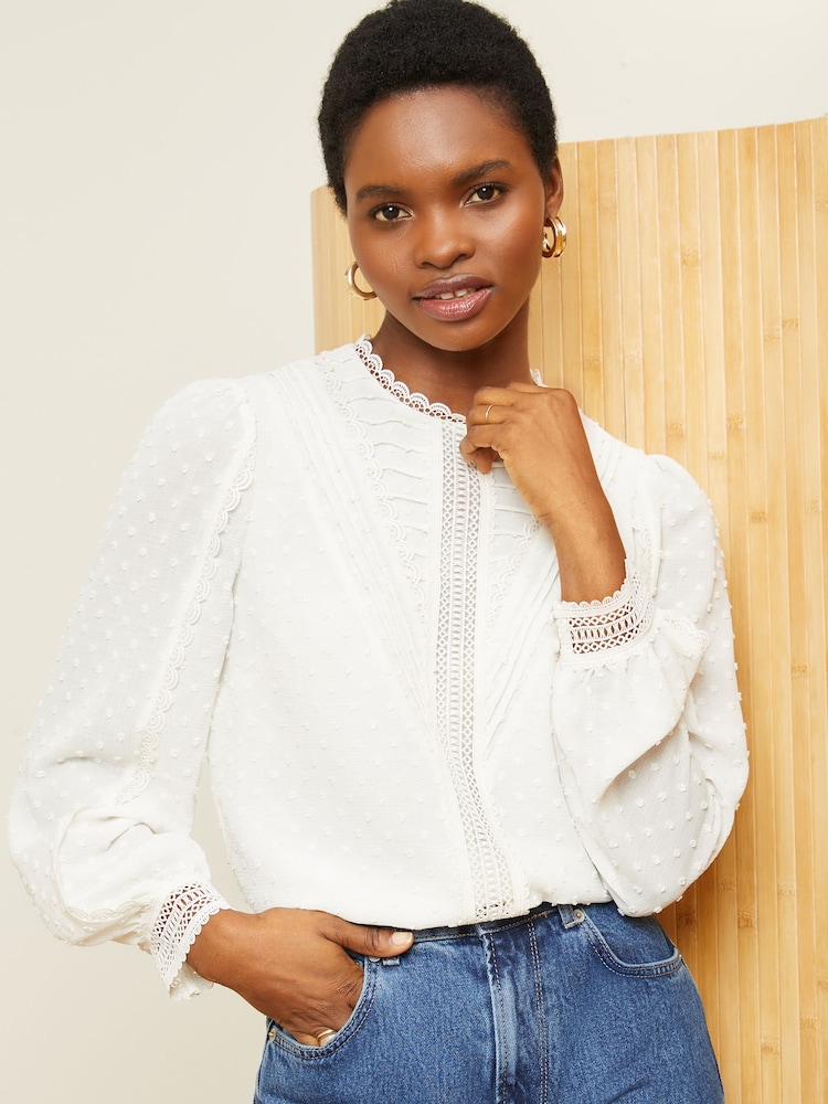Love & Roses Ivory White Petite High Neck Lace Trim Long Sleeve Blouse - Image 1 of 4