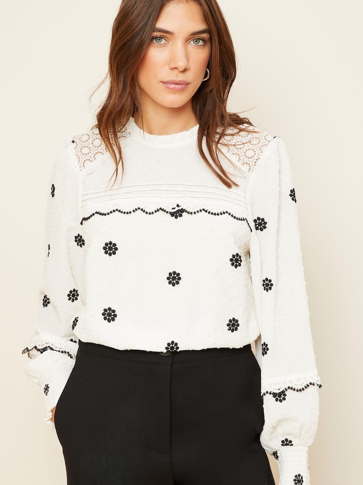 Love & Roses Ivory White Embroidery High Neck Lace Trim Long Sleeve Blouse - Image 1 of 4