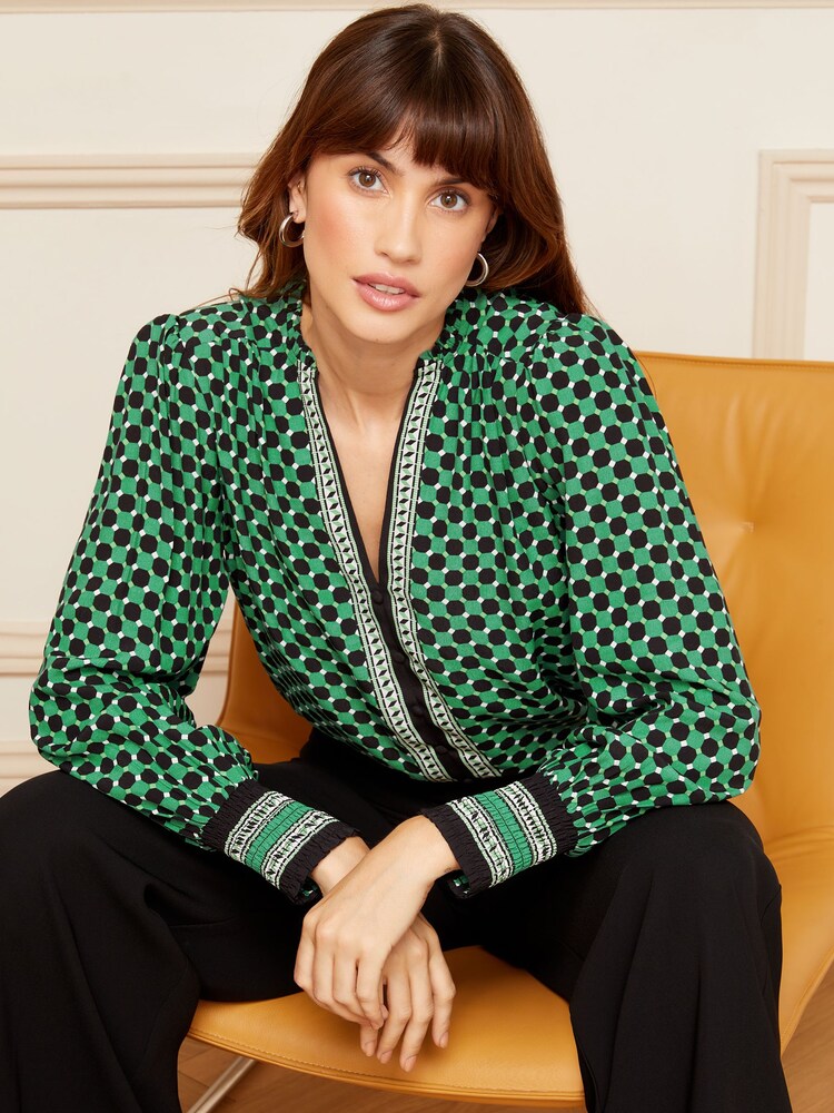 Love & Roses Green Geo V Neck Long Sleeve Over The Head Blouse - Image 1 of 8