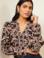 Love & Roses Black Floral Ruffle Trim V Neck Long Sleeve Blouse - Image 1 of 4