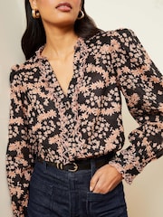 Love & Roses Black Floral Ruffle Trim V Neck Long Sleeve Blouse - Image 3 of 4