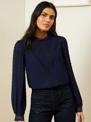 Love & Roses Navy Blue High Neck Lace Trim Long Sleeve Blouse - Image 1 of 4