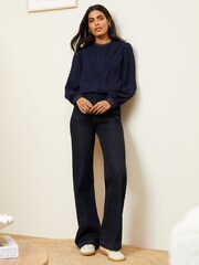 Love & Roses Navy Blue High Neck Lace Trim Long Sleeve Blouse - Image 4 of 4